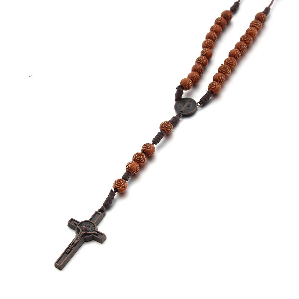 Christianartworkshop St. Benedikt-Medaille und Kruzifix aus 8 mm rosabraunem Acryl-Nylonkordel-Rosenkranz