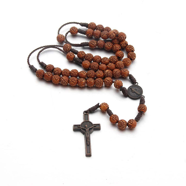 Christianartworkshop St. Benedikt-Medaille und Kruzifix aus 8 mm rosabraunem Acryl-Nylonkordel-Rosenkranz