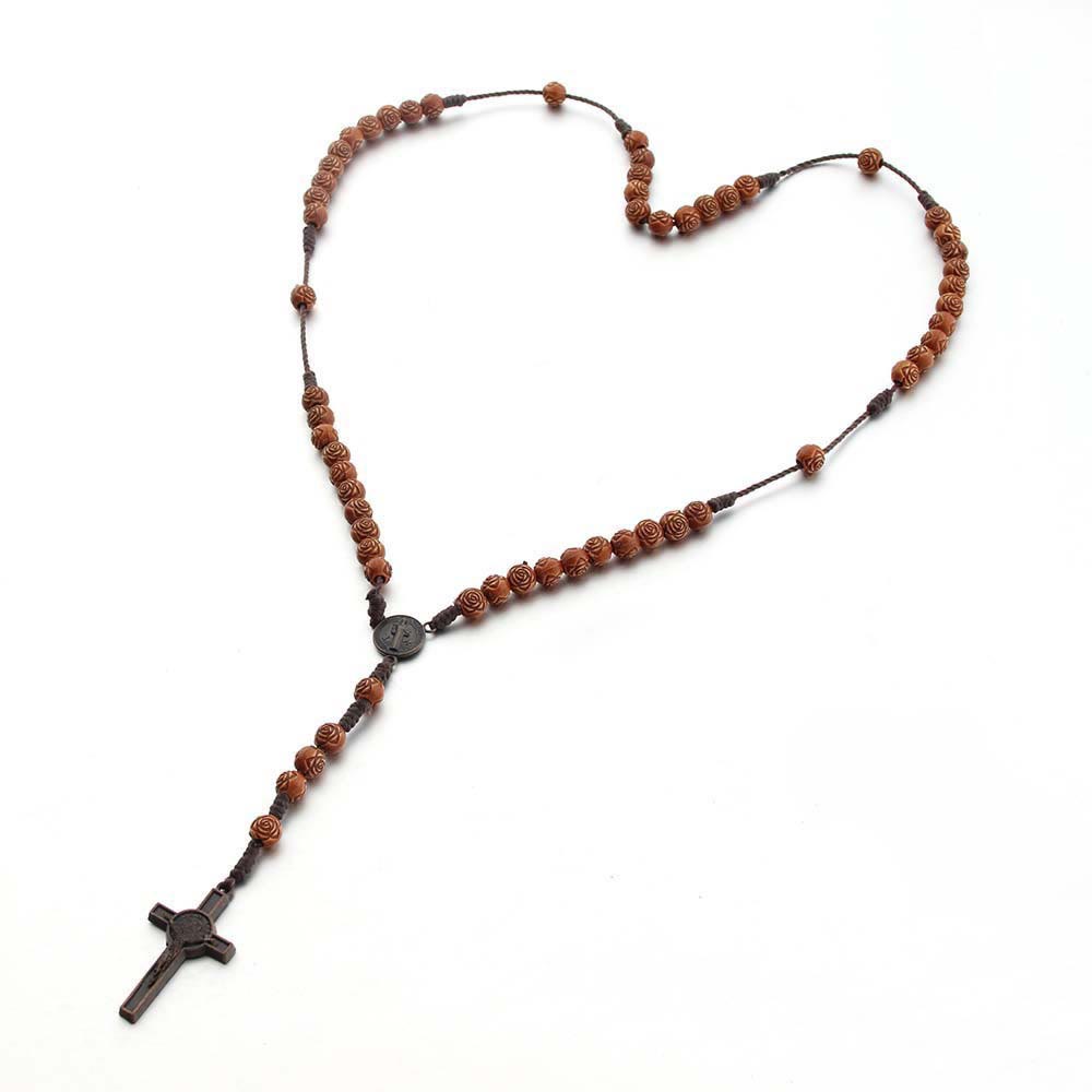 Christianartworkshop St. Benedikt-Medaille und Kruzifix aus 8 mm rosabraunem Acryl-Nylonkordel-Rosenkranz