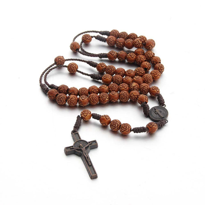 Christianartworkshop St. Benedikt-Medaille und Kruzifix aus 8 mm rosabraunem Acryl-Nylonkordel-Rosenkranz