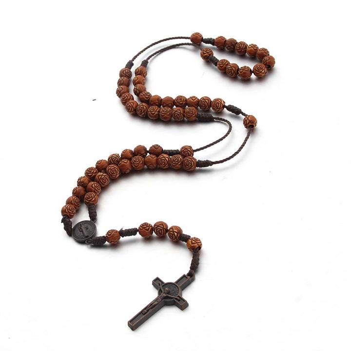 Christianartworkshop St. Benedikt-Medaille und Kruzifix aus 8 mm rosabraunem Acryl-Nylonkordel-Rosenkranz