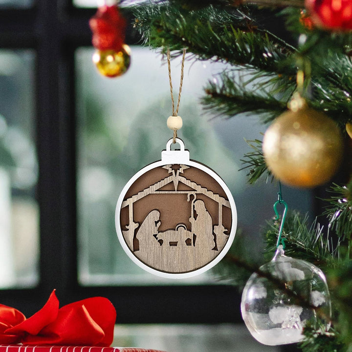 Christianartworkshop Minimalistischer Stil, mehrschichtiger Anhänger aus Holz mit Jesus-Krippenszene, Weihnachtskrippe, hängende Ornamente - image 2