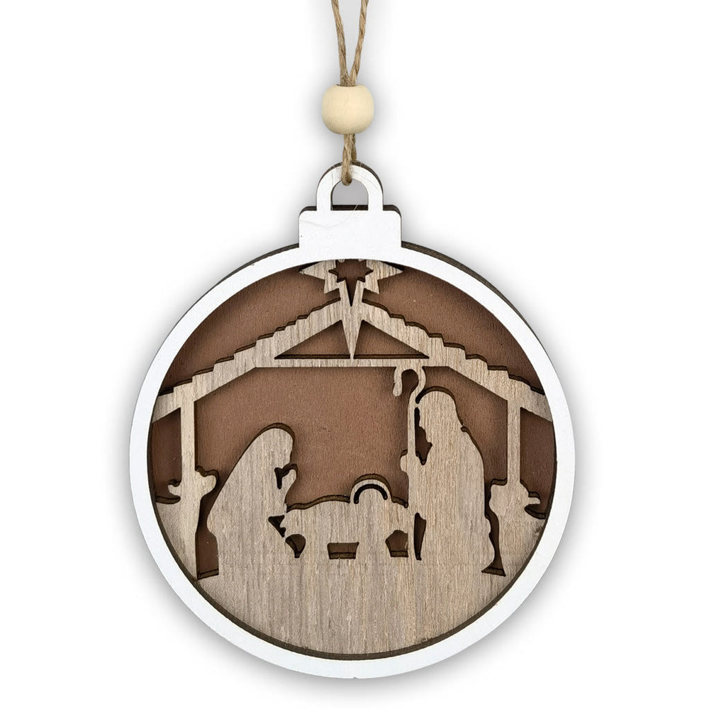Christianartworkshop Minimalistischer Stil, mehrschichtiger Anhänger aus Holz mit Jesus-Krippenszene, Weihnachtskrippe, hängende Ornamente - image 1