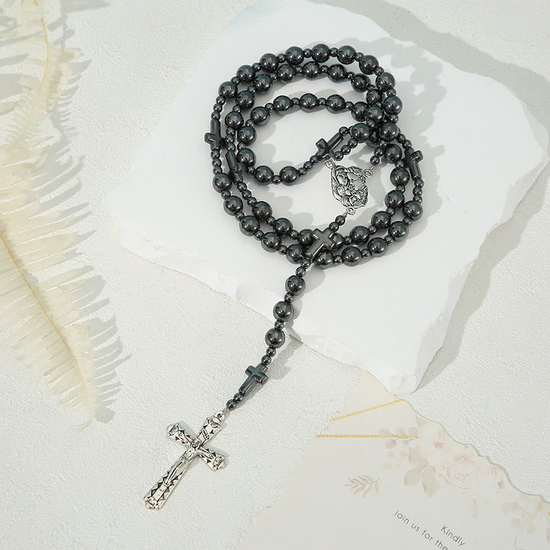 Christianartworkshop Rosenkranz mit Heiliger Familie und Kruzifix, rund, 8 mm, schwarzer Gallenstein, Nylonschnur