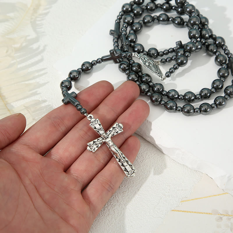 Christianartworkshop Rosenkranz mit Heiliger Familie und Kruzifix, rund, 8 mm, schwarzer Gallenstein, Nylonschnur