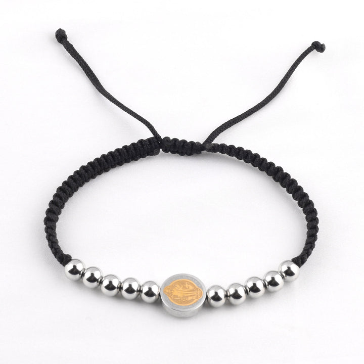 Christianartworkshop Armband im minimalistischen Stil mit St. Benedikt-Medaille, Edelstahlperlen, verstellbare Nylonschnur