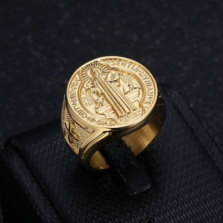 Christianartworkshop Klassischer Retro-Ring mit dem Heiligen Benedikt, Glaube und Schutz, handgefertigt aus Titanstahl