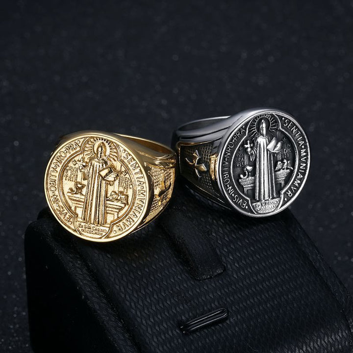 Christianartworkshop Klassischer Retro-Ring mit dem Heiligen Benedikt, Glaube und Schutz, handgefertigt aus Titanstahl