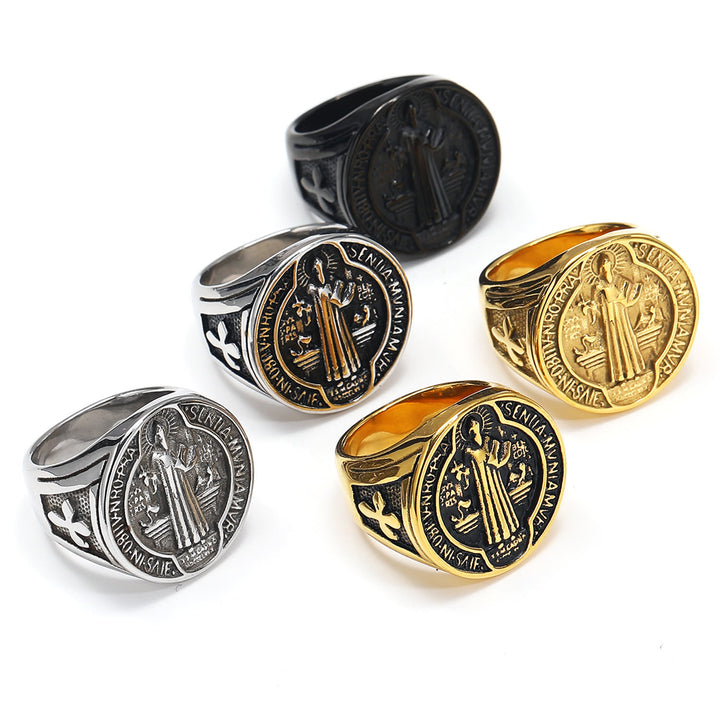 Christianartworkshop Klassischer Retro-Ring mit dem Heiligen Benedikt, Glaube und Schutz, handgefertigt aus Titanstahl