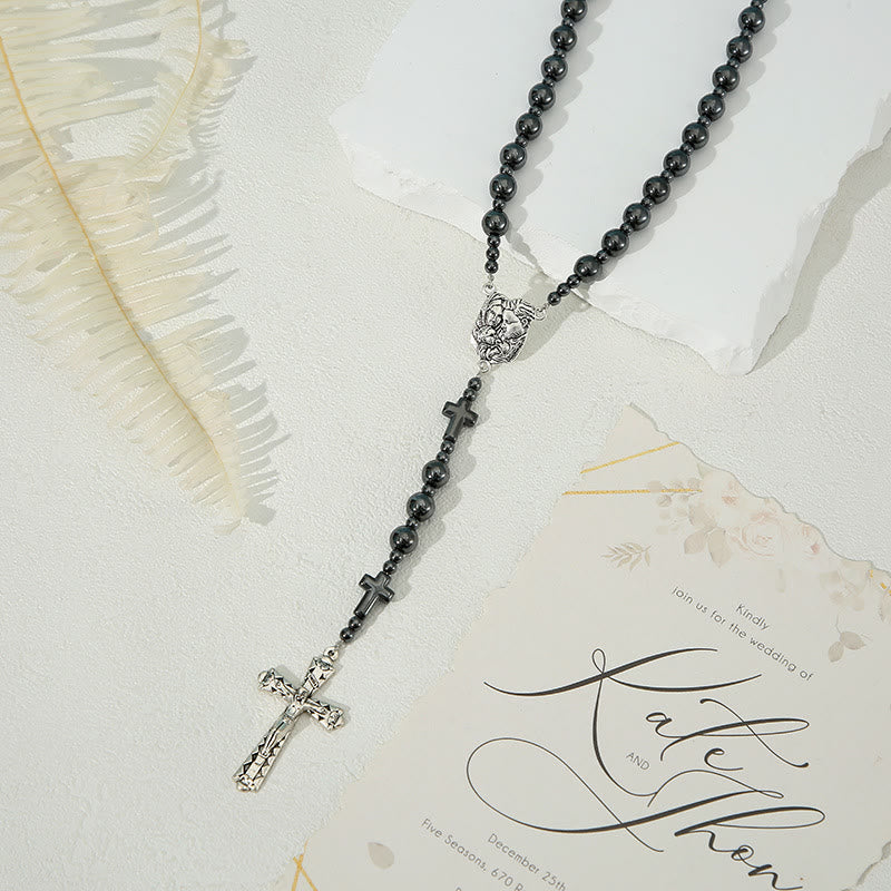 Christianartworkshop Rosenkranz mit Heiliger Familie und Kruzifix, rund, 8 mm, schwarzer Gallenstein, Nylonschnur