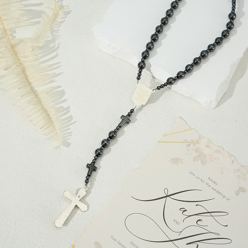 Christianartworkshop Rosenkranz mit Heiliger Familie und Kruzifix, rund, 8 mm, schwarzer Gallenstein, Nylonschnur