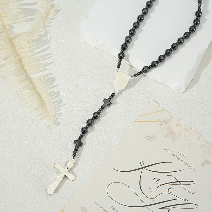 Christianartworkshop Rosenkranz mit Heiliger Familie und Kruzifix, rund, 8 mm, schwarzer Gallenstein, Nylonschnur