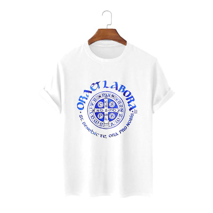 Christianartworkshop Klassisches T-Shirt mit der Ora et Labora-Medaille des Heiligen Benedikt, kurzärmlig, gewaschen