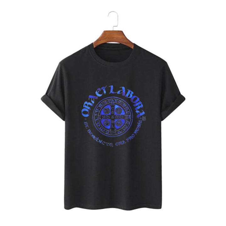 Christianartworkshop Klassisches T-Shirt mit der Ora et Labora-Medaille des Heiligen Benedikt, kurzärmlig, gewaschen