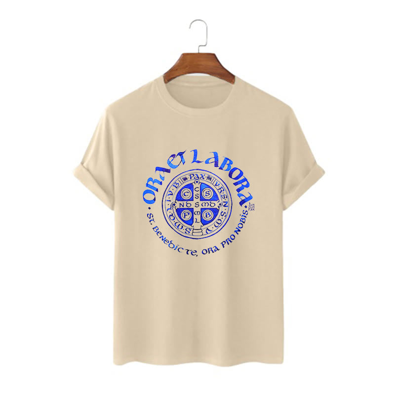 Christianartworkshop Klassisches T-Shirt mit der Ora et Labora-Medaille des Heiligen Benedikt, kurzärmlig, gewaschen