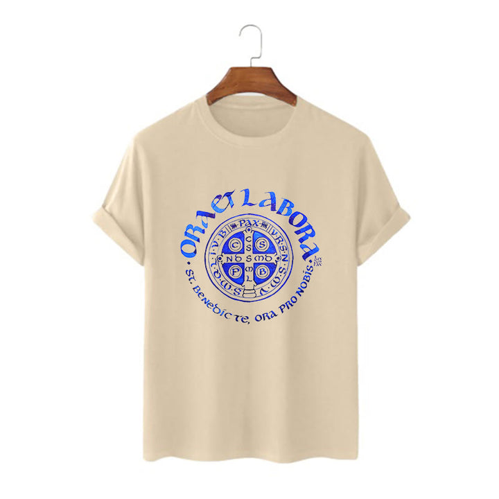 Christianartworkshop Klassisches T-Shirt mit der Ora et Labora-Medaille des Heiligen Benedikt, kurzärmlig, gewaschen