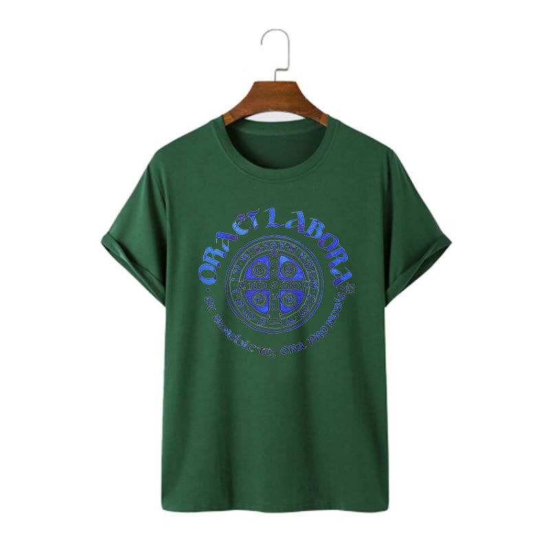 Christianartworkshop Klassisches T-Shirt mit der Ora et Labora-Medaille des Heiligen Benedikt, kurzärmlig, gewaschen