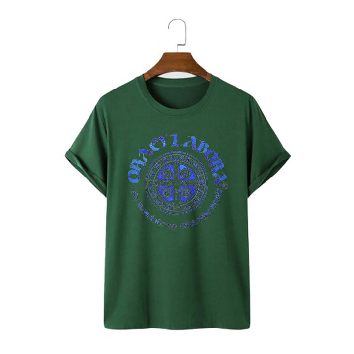 Christianartworkshop Klassisches T-Shirt mit der Ora et Labora-Medaille des Heiligen Benedikt, kurzärmlig, gewaschen