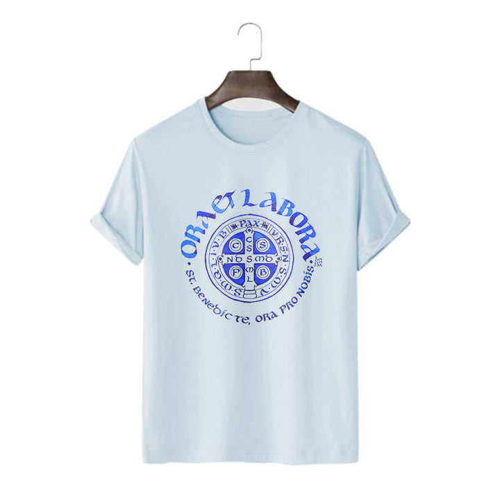 Christianartworkshop Klassisches T-Shirt mit der Ora et Labora-Medaille des Heiligen Benedikt, kurzärmlig, gewaschen