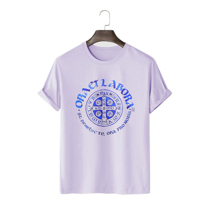 Christianartworkshop Klassisches T-Shirt mit der Ora et Labora-Medaille des Heiligen Benedikt, kurzärmlig, gewaschen