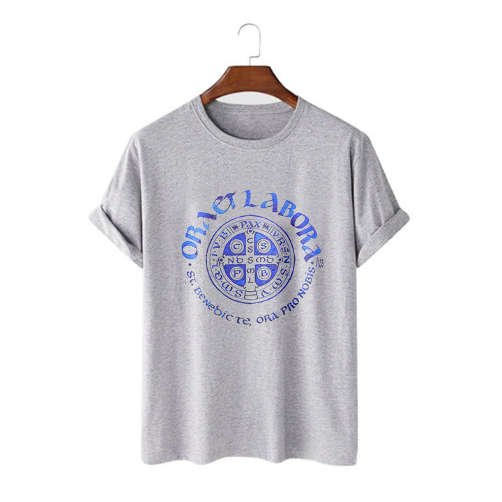 Christianartworkshop Klassisches T-Shirt mit der Ora et Labora-Medaille des Heiligen Benedikt, kurzärmlig, gewaschen