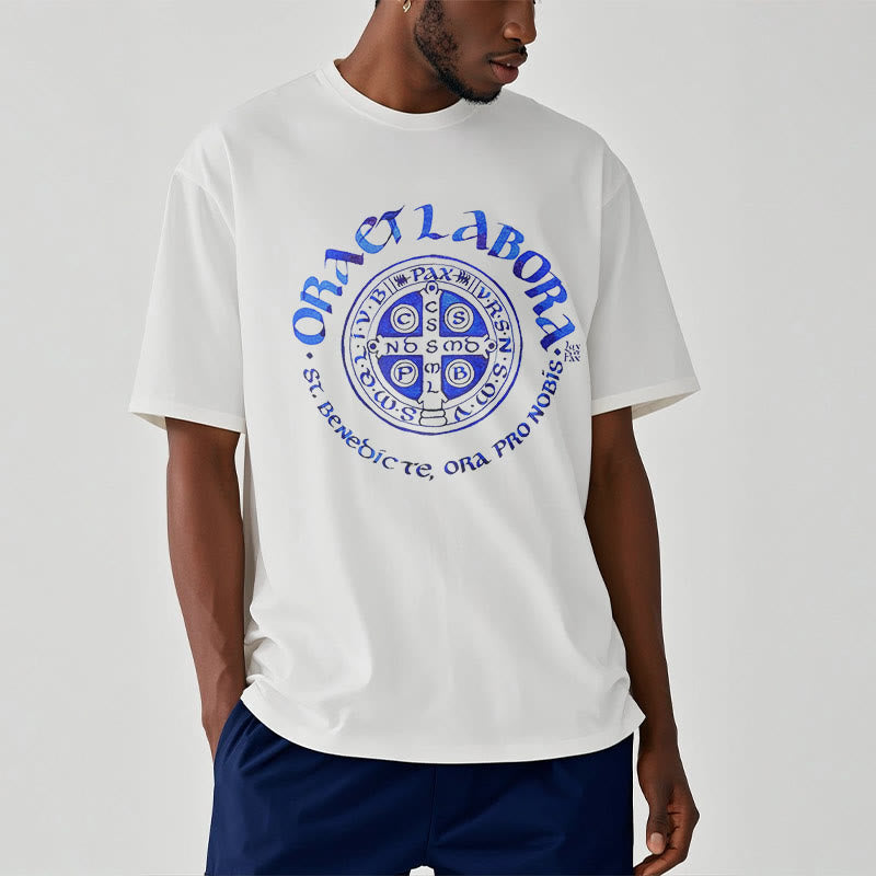 Christianartworkshop Klassisches T-Shirt mit der Ora et Labora-Medaille des Heiligen Benedikt, kurzärmlig, gewaschen