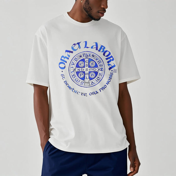 Christianartworkshop Klassisches T-Shirt mit der Ora et Labora-Medaille des Heiligen Benedikt, kurzärmlig, gewaschen