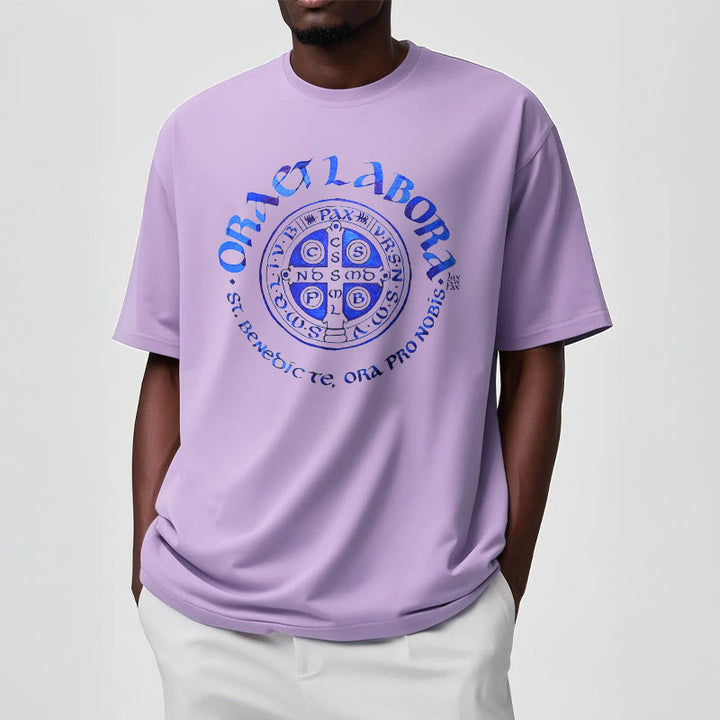 Christianartworkshop Klassisches T-Shirt mit der Ora et Labora-Medaille des Heiligen Benedikt, kurzärmlig, gewaschen