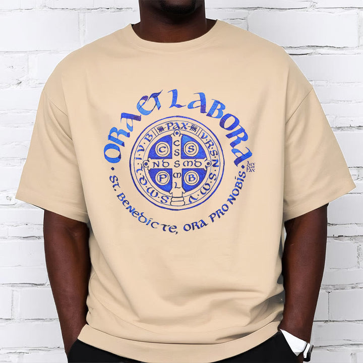 Christianartworkshop Klassisches T-Shirt mit der Ora et Labora-Medaille des Heiligen Benedikt, kurzärmlig, gewaschen