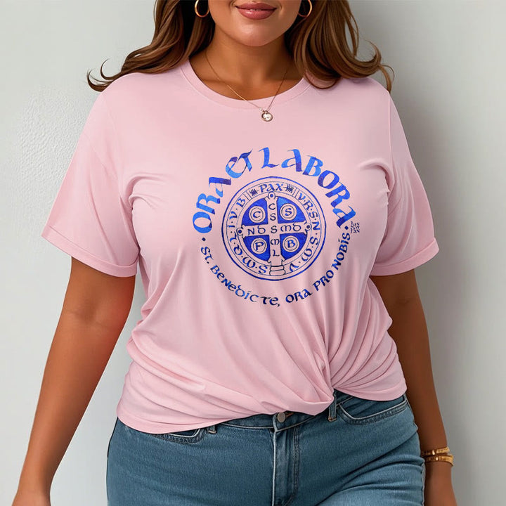 Christianartworkshop Klassisches T-Shirt mit der Ora et Labora-Medaille des Heiligen Benedikt, kurzärmlig, gewaschen