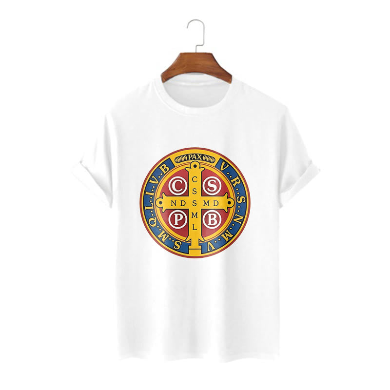 Christianartworkshop T-Shirt im klassischen Stil mit goldener St. Benedikt-Medaille, kurzärmlig, gewaschen