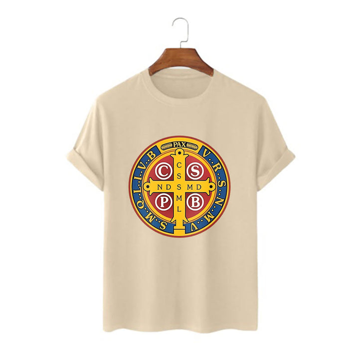 Christianartworkshop T-Shirt im klassischen Stil mit goldener St. Benedikt-Medaille, kurzärmlig, gewaschen