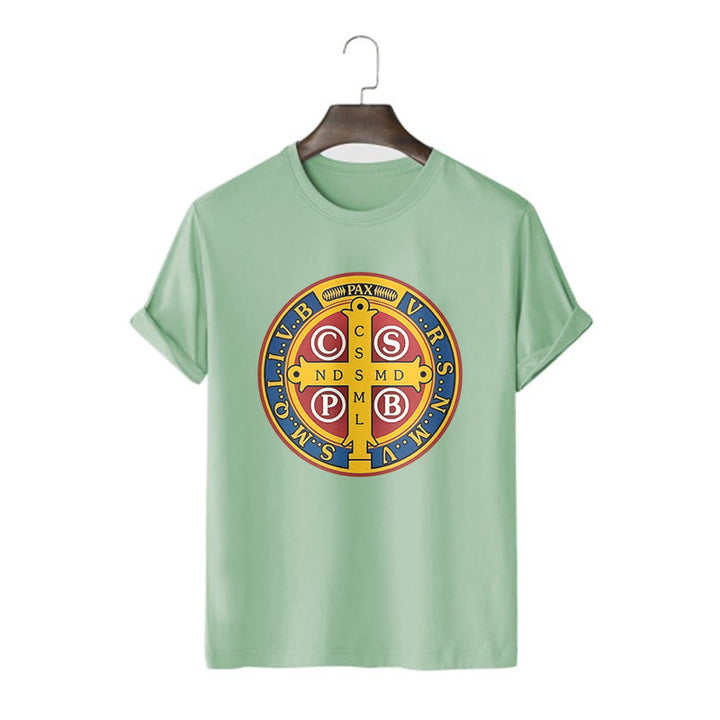 Christianartworkshop T-Shirt im klassischen Stil mit goldener St. Benedikt-Medaille, kurzärmlig, gewaschen