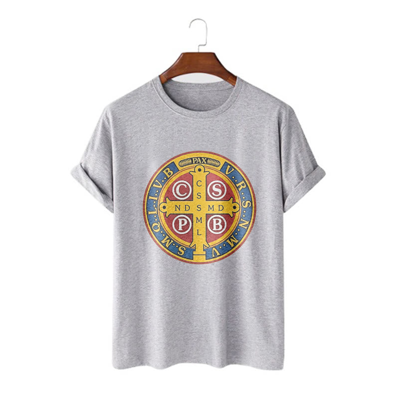 Christianartworkshop Klassisches Kurzarm-T-Shirt mit goldener St.-Benedikt-Medaille - Grau - 2XL - image 18