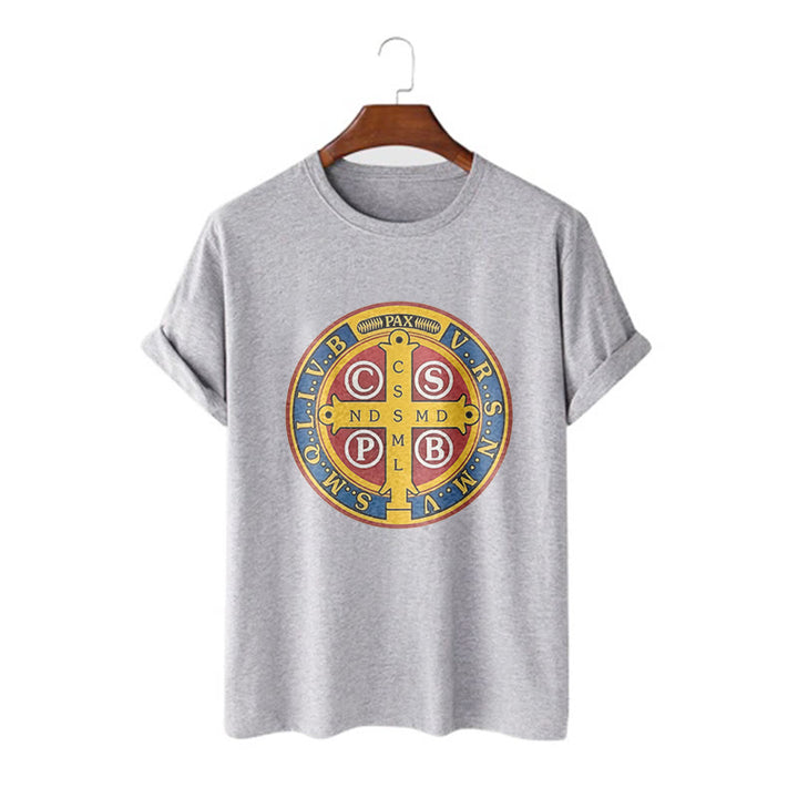 Christianartworkshop Klassisches Kurzarm-T-Shirt mit goldener St.-Benedikt-Medaille - Grau - 2XL - image 18