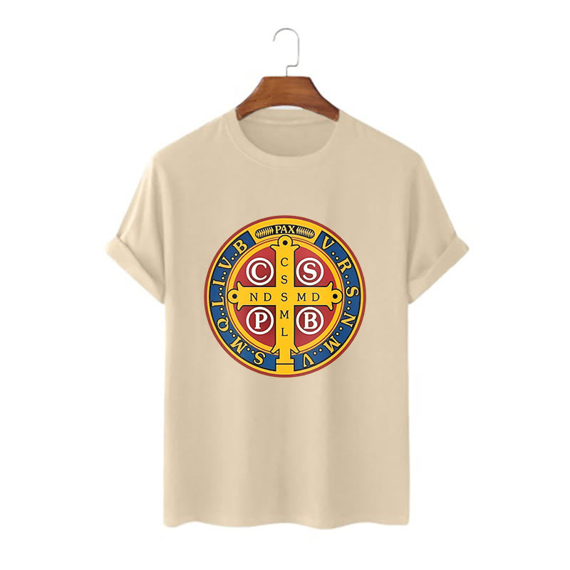 Christianartworkshop Klassisches Kurzarm-T-Shirt mit goldener St.-Benedikt-Medaille - Khaki - 2XL - image 7