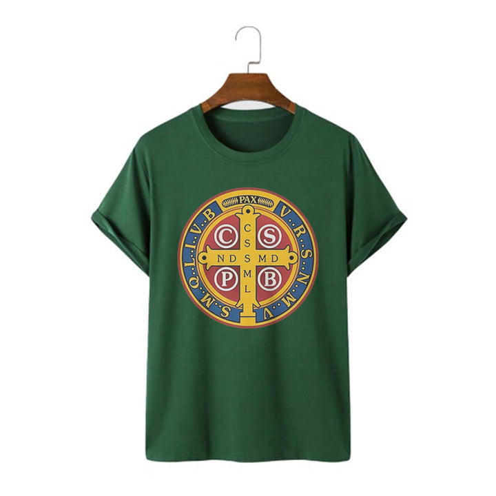 Christianartworkshop T-Shirt im klassischen Stil mit goldener St. Benedikt-Medaille, kurzärmlig, gewaschen