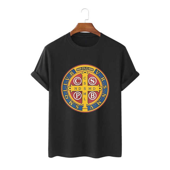 Christianartworkshop T-Shirt im klassischen Stil mit goldener St. Benedikt-Medaille, kurzärmlig, gewaschen