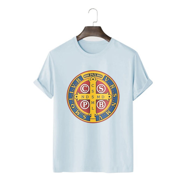 Christianartworkshop Klassisches Kurzarm-T-Shirt mit goldener St.-Benedikt-Medaille - Blau - 2XL - image 17