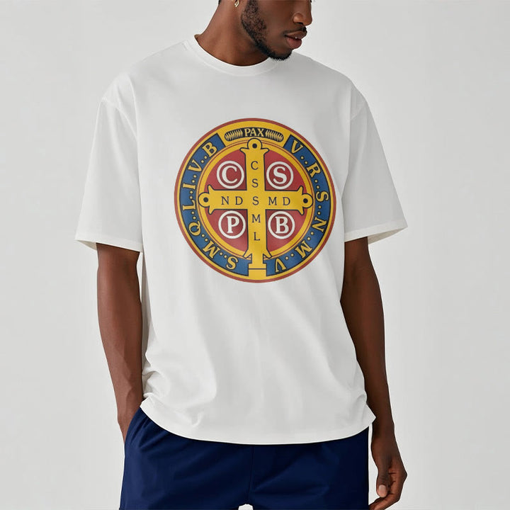 Christianartworkshop T-Shirt im klassischen Stil mit goldener St. Benedikt-Medaille, kurzärmlig, gewaschen
