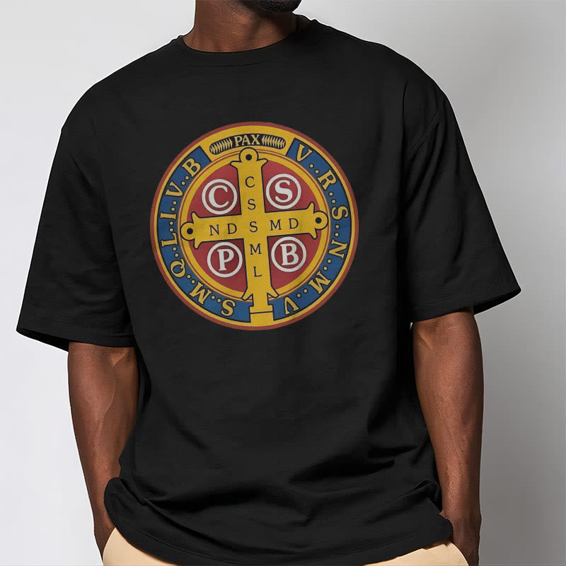 Christianartworkshop T-Shirt im klassischen Stil mit goldener St. Benedikt-Medaille, kurzärmlig, gewaschen
