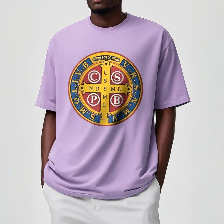 Christianartworkshop T-Shirt im klassischen Stil mit goldener St. Benedikt-Medaille, kurzärmlig, gewaschen