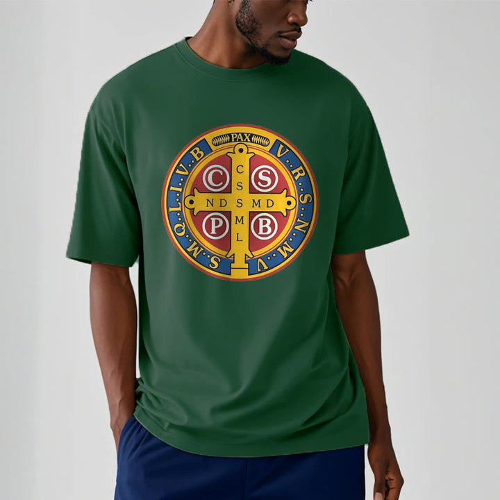 Christianartworkshop T-Shirt im klassischen Stil mit goldener St. Benedikt-Medaille, kurzärmlig, gewaschen