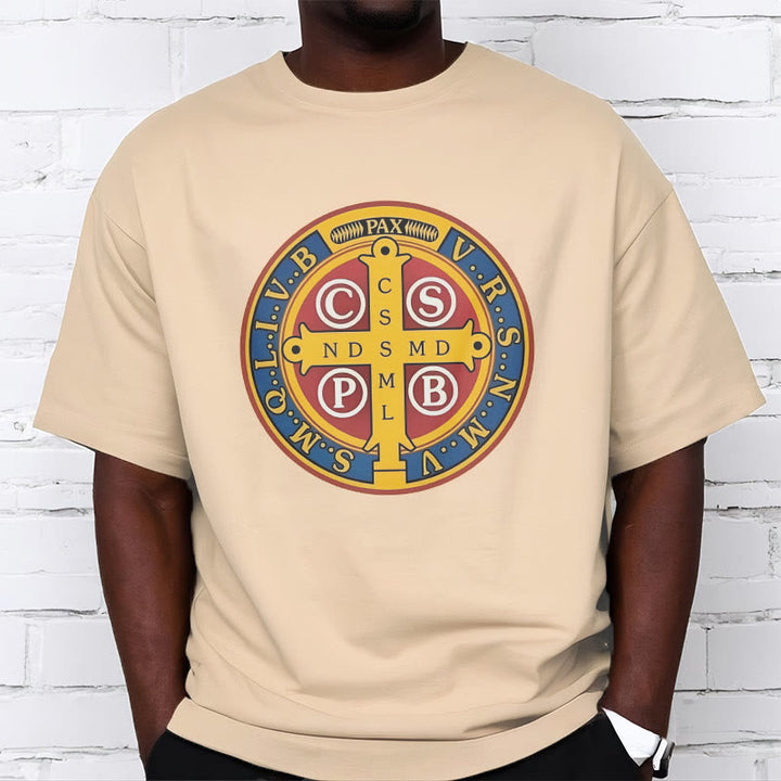 Christianartworkshop T-Shirt im klassischen Stil mit goldener St. Benedikt-Medaille, kurzärmlig, gewaschen