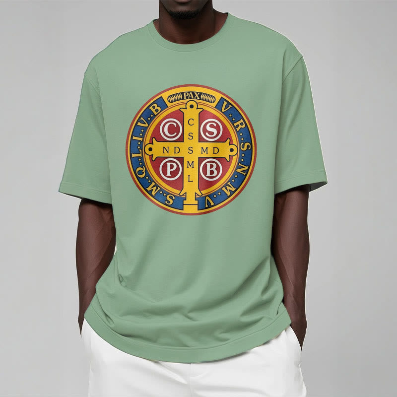 Christianartworkshop T-Shirt im klassischen Stil mit goldener St. Benedikt-Medaille, kurzärmlig, gewaschen