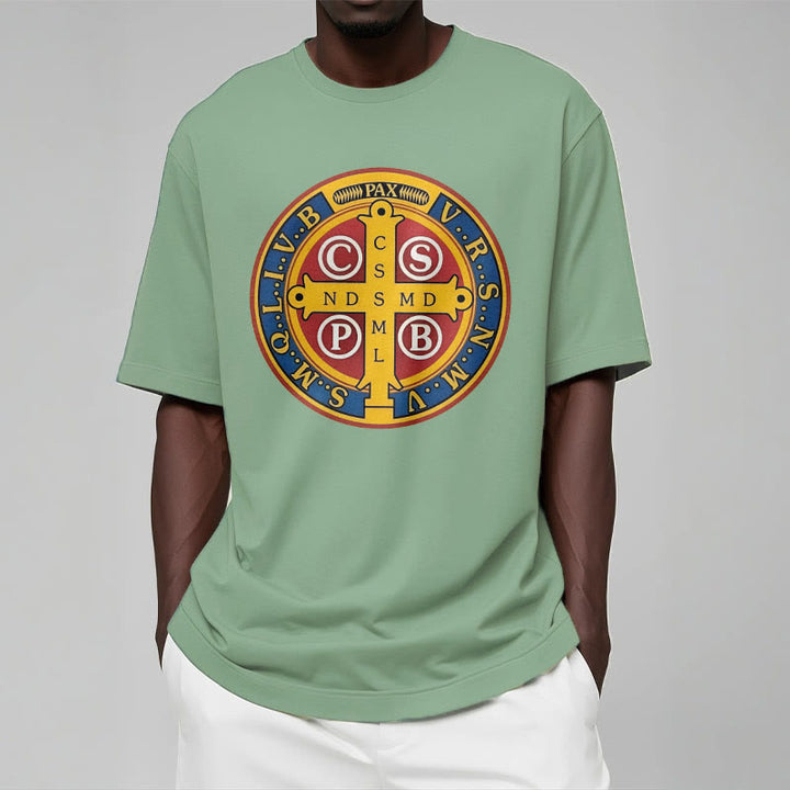 Christianartworkshop T-Shirt im klassischen Stil mit goldener St. Benedikt-Medaille, kurzärmlig, gewaschen