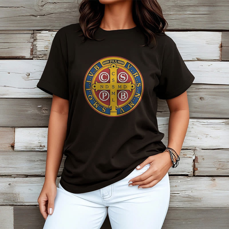 Christianartworkshop T-Shirt im klassischen Stil mit goldener St. Benedikt-Medaille, kurzärmlig, gewaschen