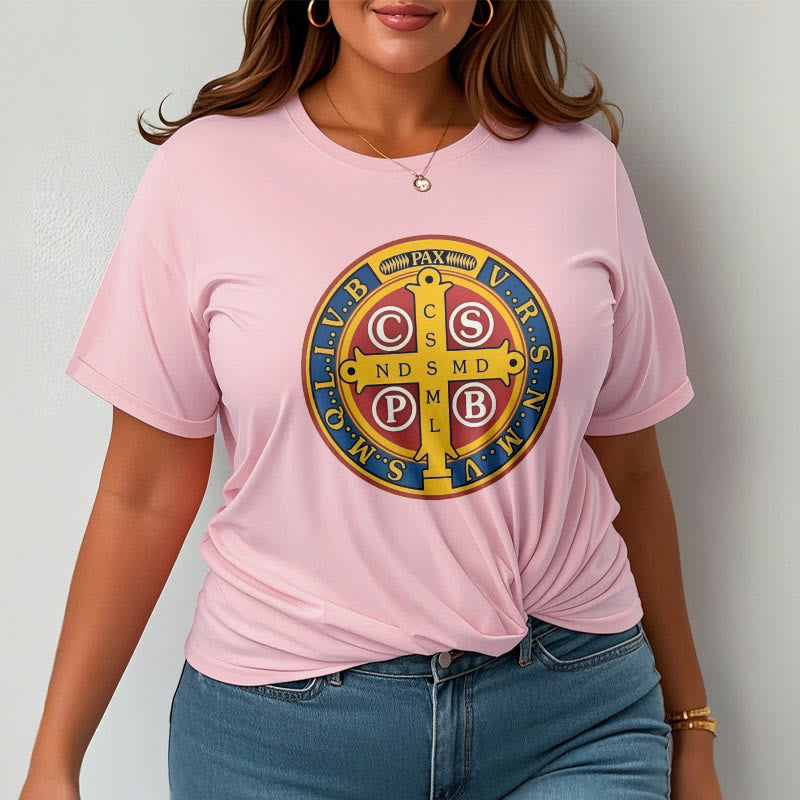 Christianartworkshop T-Shirt im klassischen Stil mit goldener St. Benedikt-Medaille, kurzärmlig, gewaschen