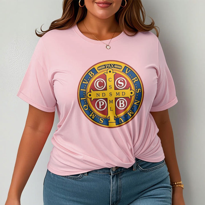 Christianartworkshop T-Shirt im klassischen Stil mit goldener St. Benedikt-Medaille, kurzärmlig, gewaschen