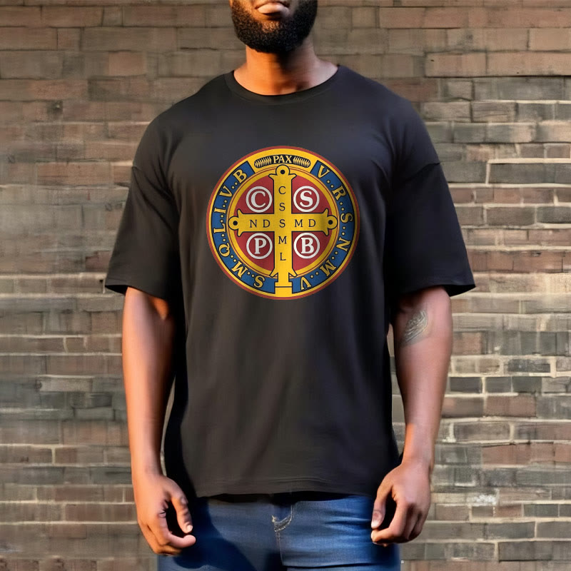 Christianartworkshop T-Shirt im klassischen Stil mit goldener St. Benedikt-Medaille, kurzärmlig, gewaschen